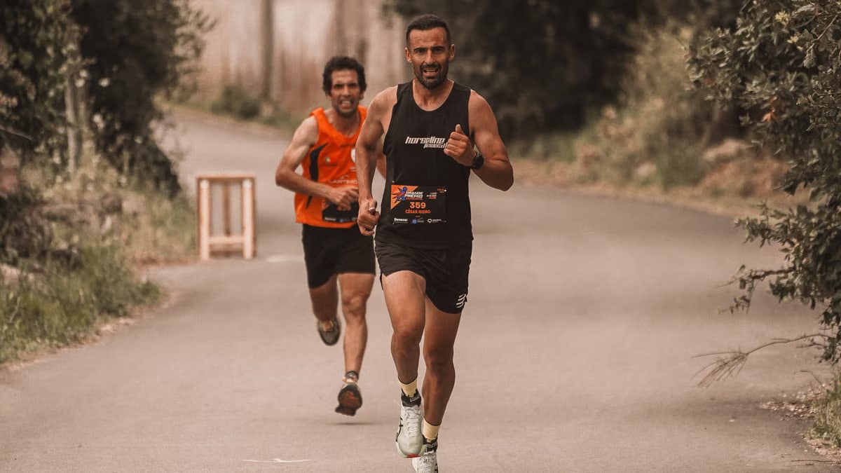 Male runners participating in an outdoor marathon race on a tree-lined road.